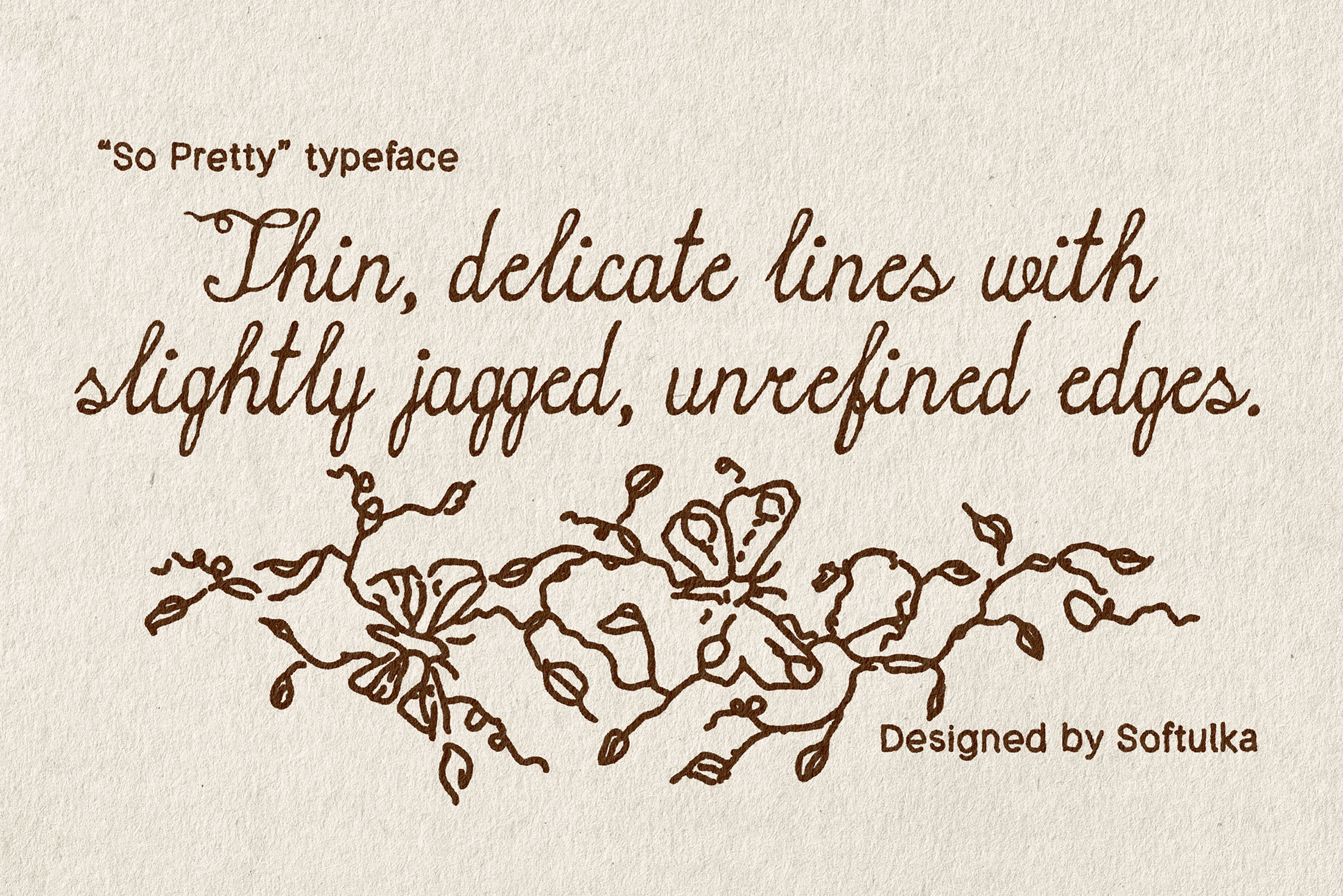So Pretty typeface sample showing thin delicate script with leaf ornaments