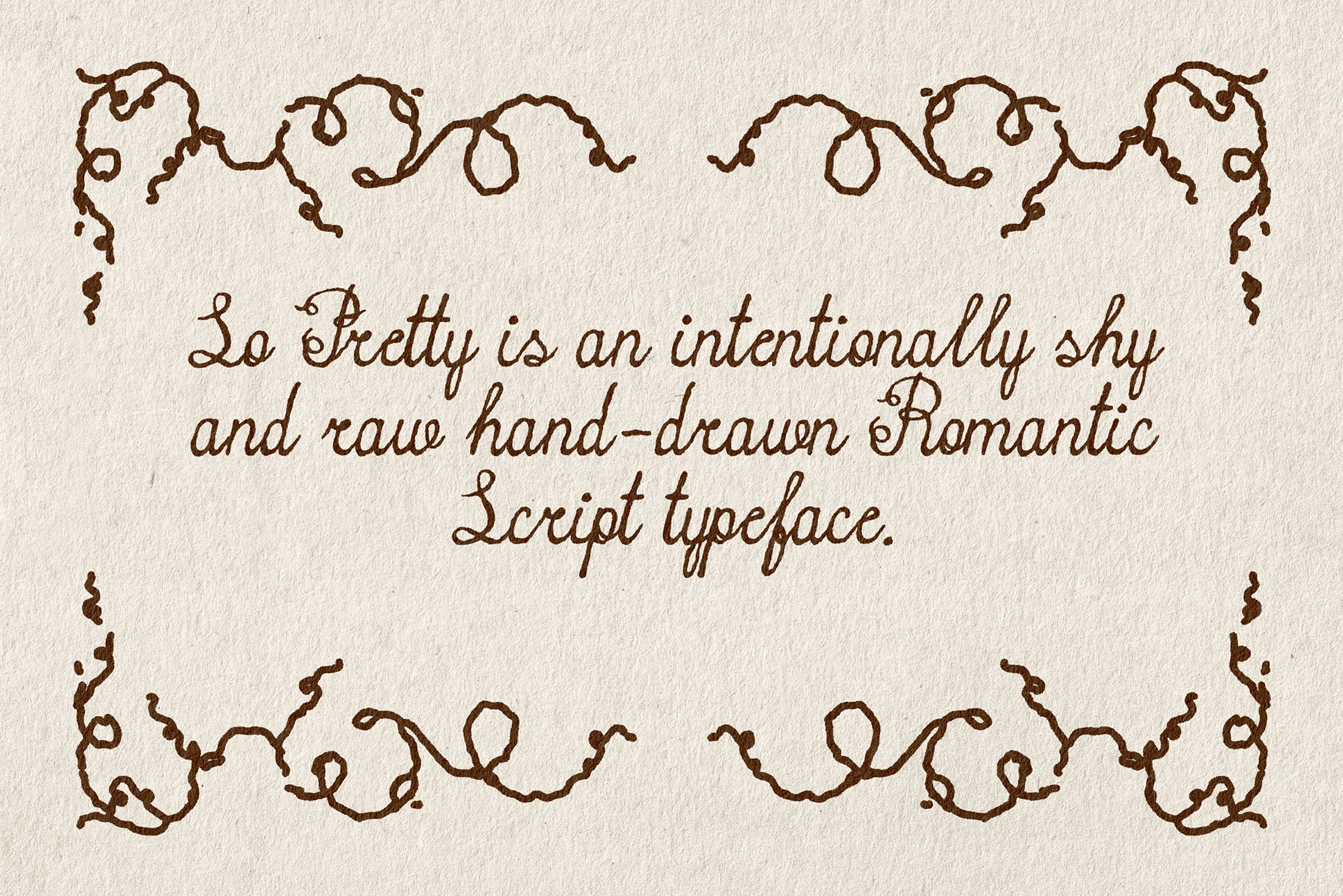 So Pretty script font with decorative vine borders on cream paper