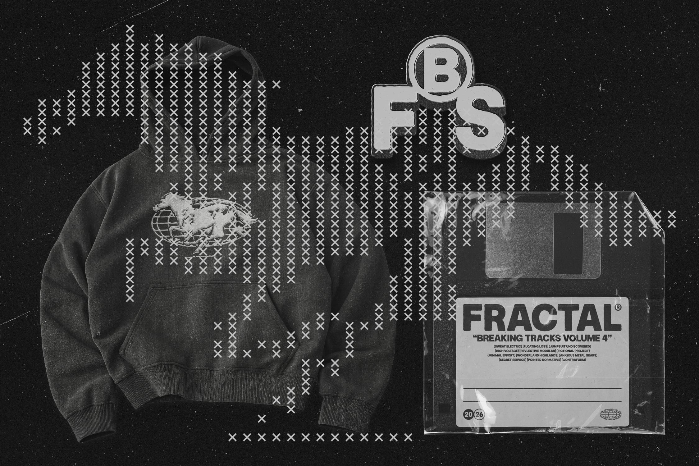 Dark sweatshirt paired with cassette case showing BFS branding cross pattern graphic