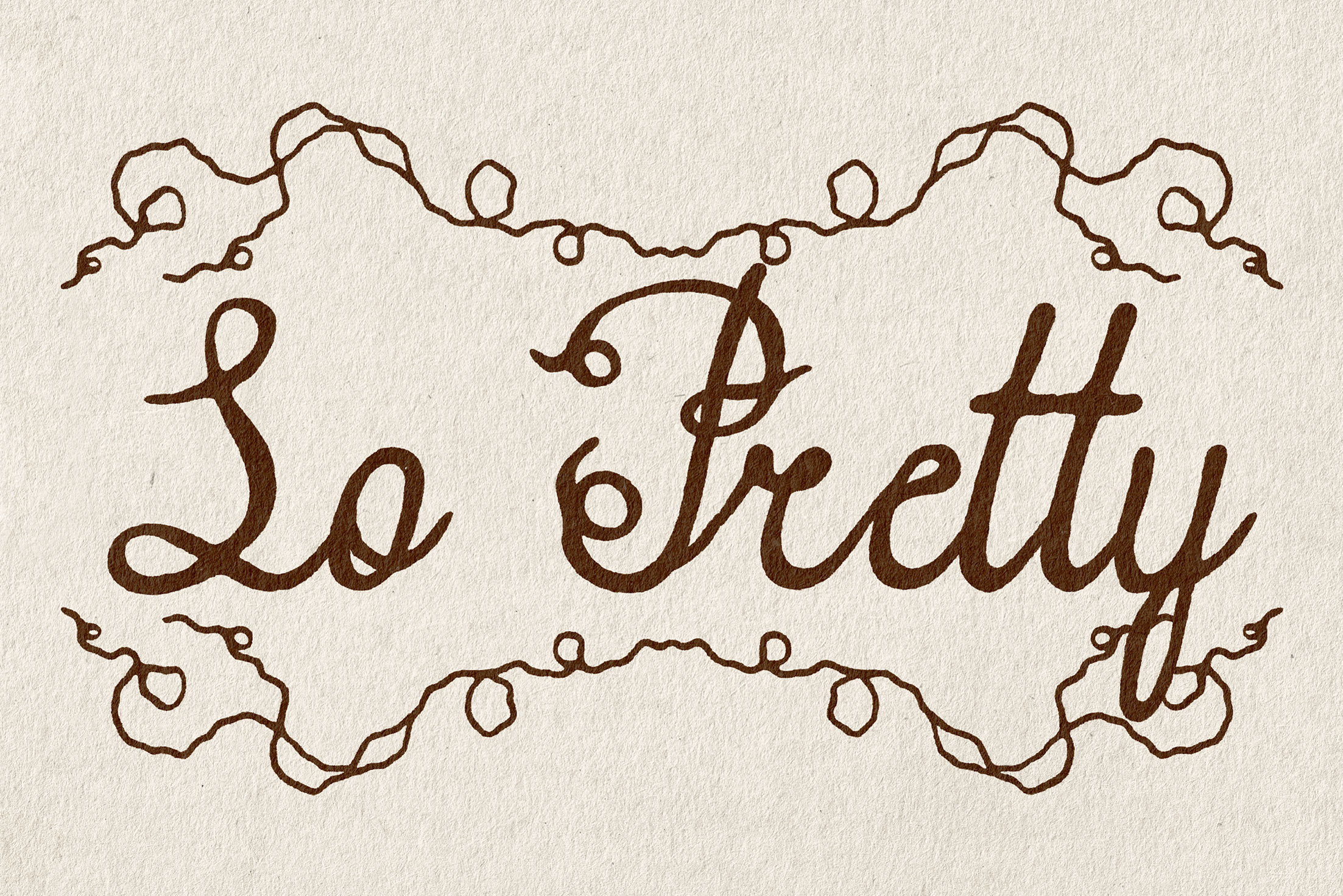 So Pretty typeface in brown cursive with ornate vine decorations above below on cream