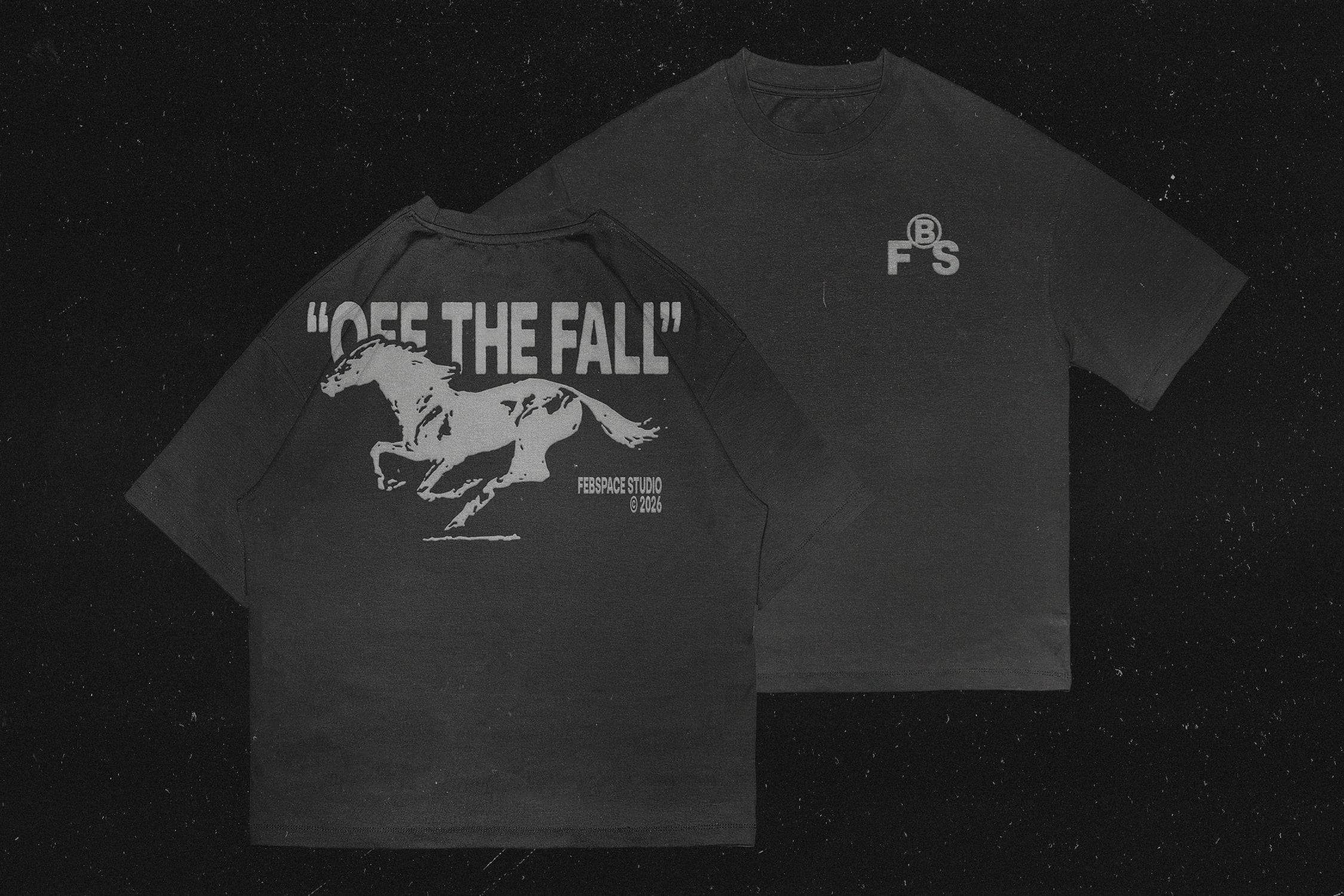 Black tee shirt mockup with running dog graphic, Off The Fall text, FBS logo