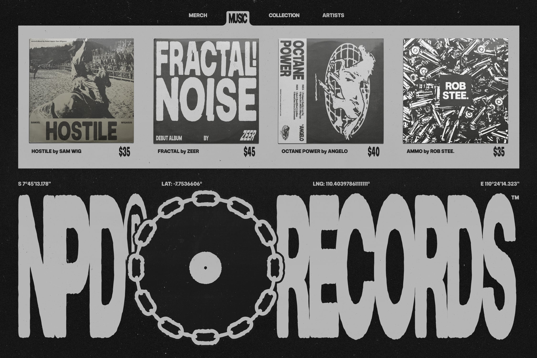 Underground Records storefront showing four album covers with chain link circle design
