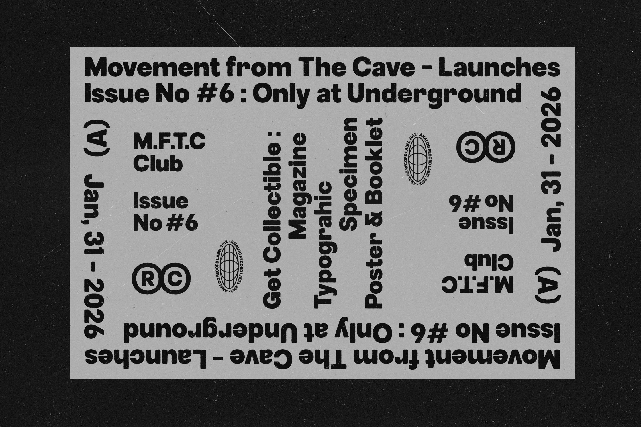 Magazine cover with overlapping text layouts, geometric logo, copyright marks on gray background