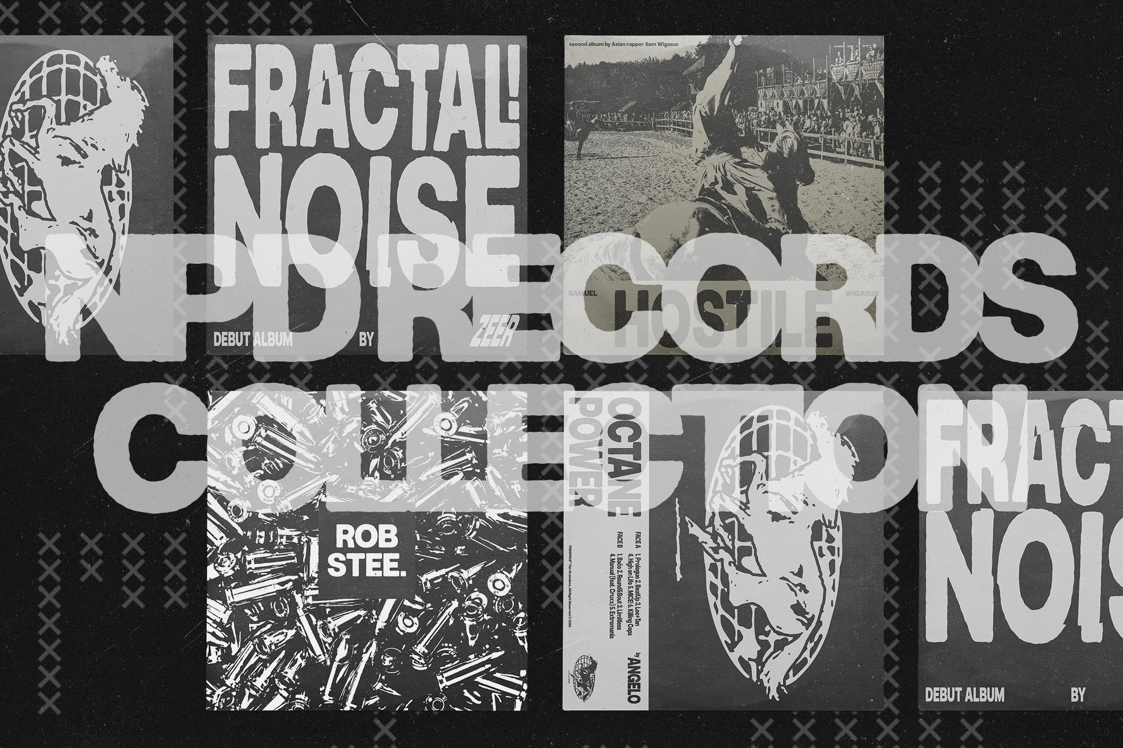 Black white vinyl record album cover collage with bold typography layout design