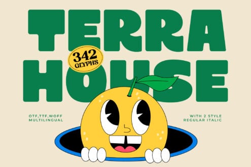 Terra House font with 342 glyphs, cheerful character mascot, comes in regular italic styles