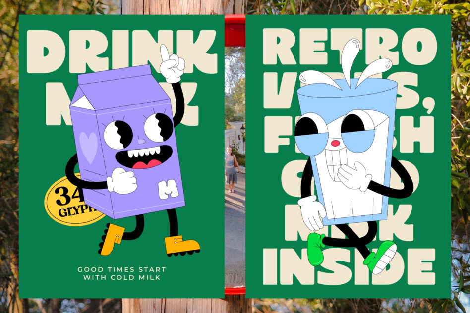 Retro milk carton characters with big eyes on bright green posters hung outdoors