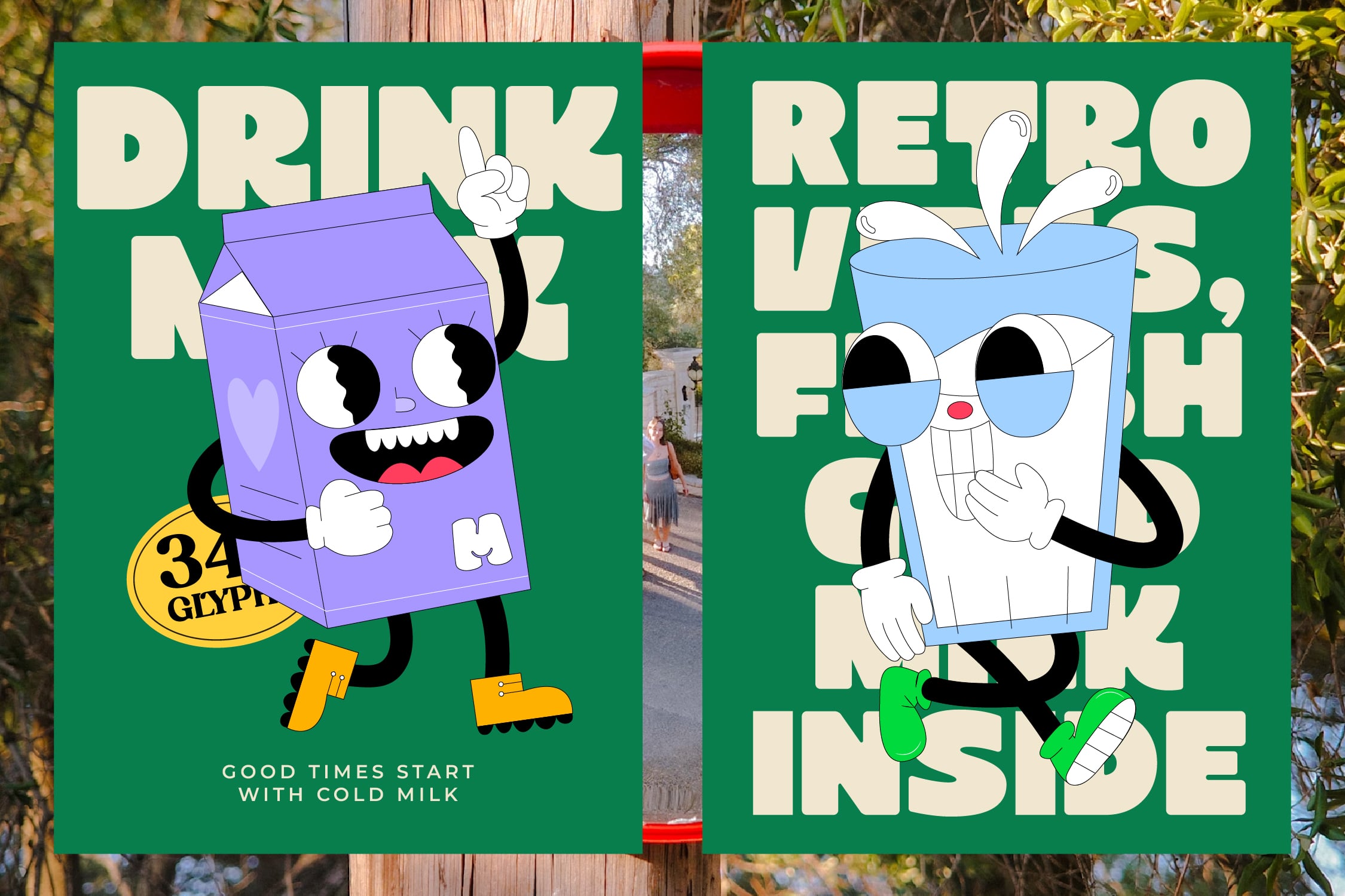Retro milk carton characters with big eyes on bright green posters hung outdoors