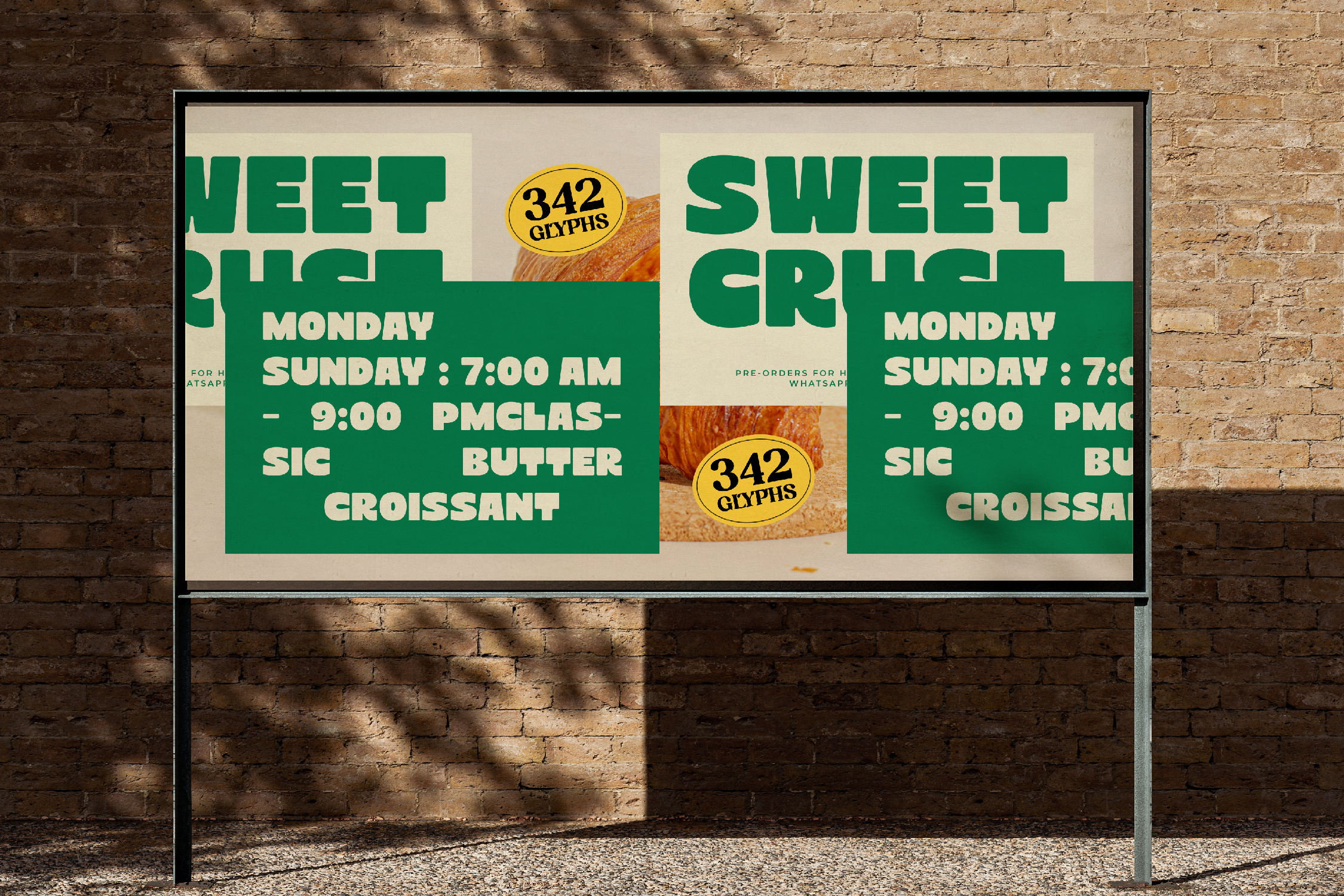 Retro bakery billboard with green type, croissant shots, opening hours for sweet crush cafe