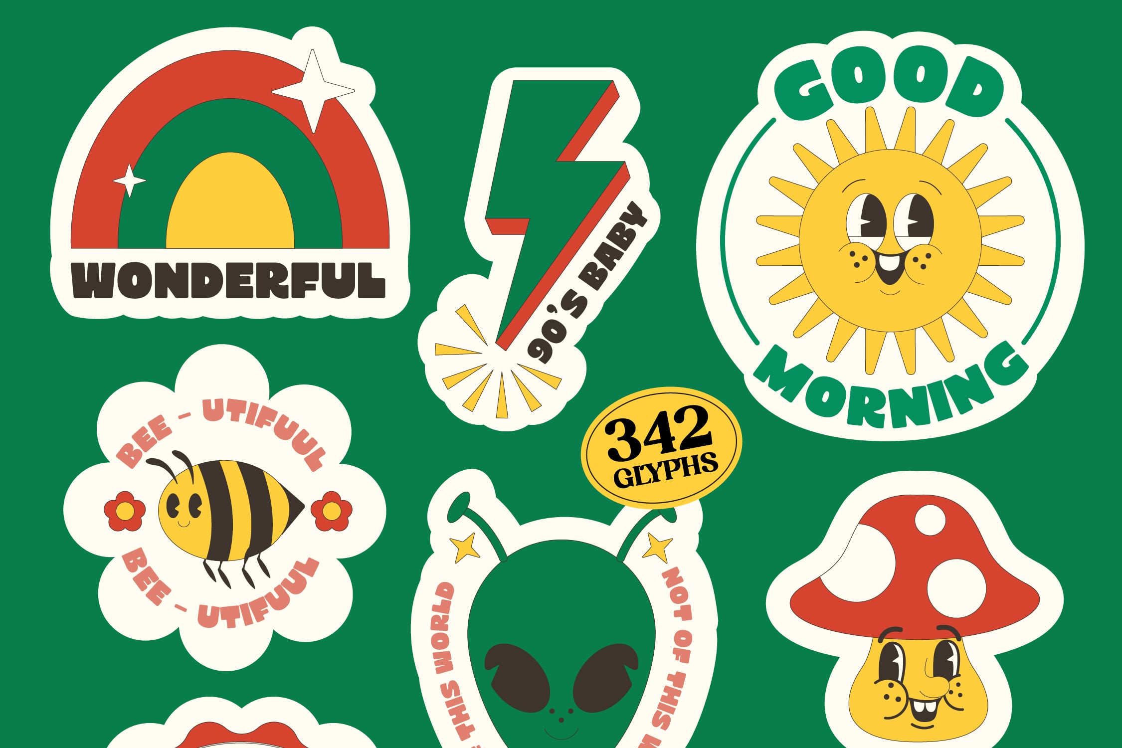 Retro sticker pack with rainbow, smiling sun, bee, alien, mushroom, lightning bolt on green background