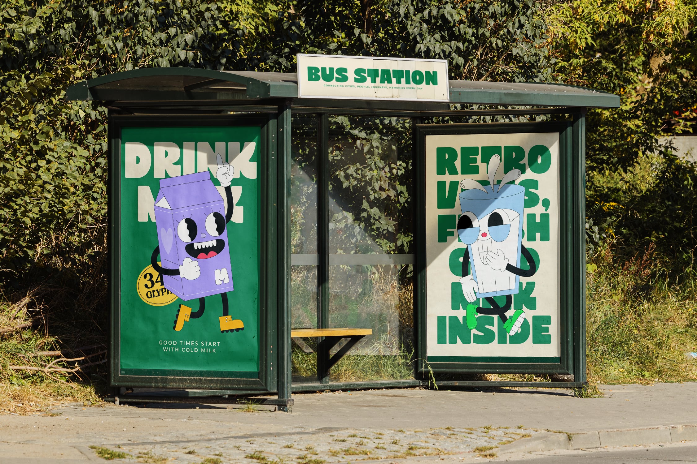 Retro bus shelter with playful cartoon character posters advertising milk products
