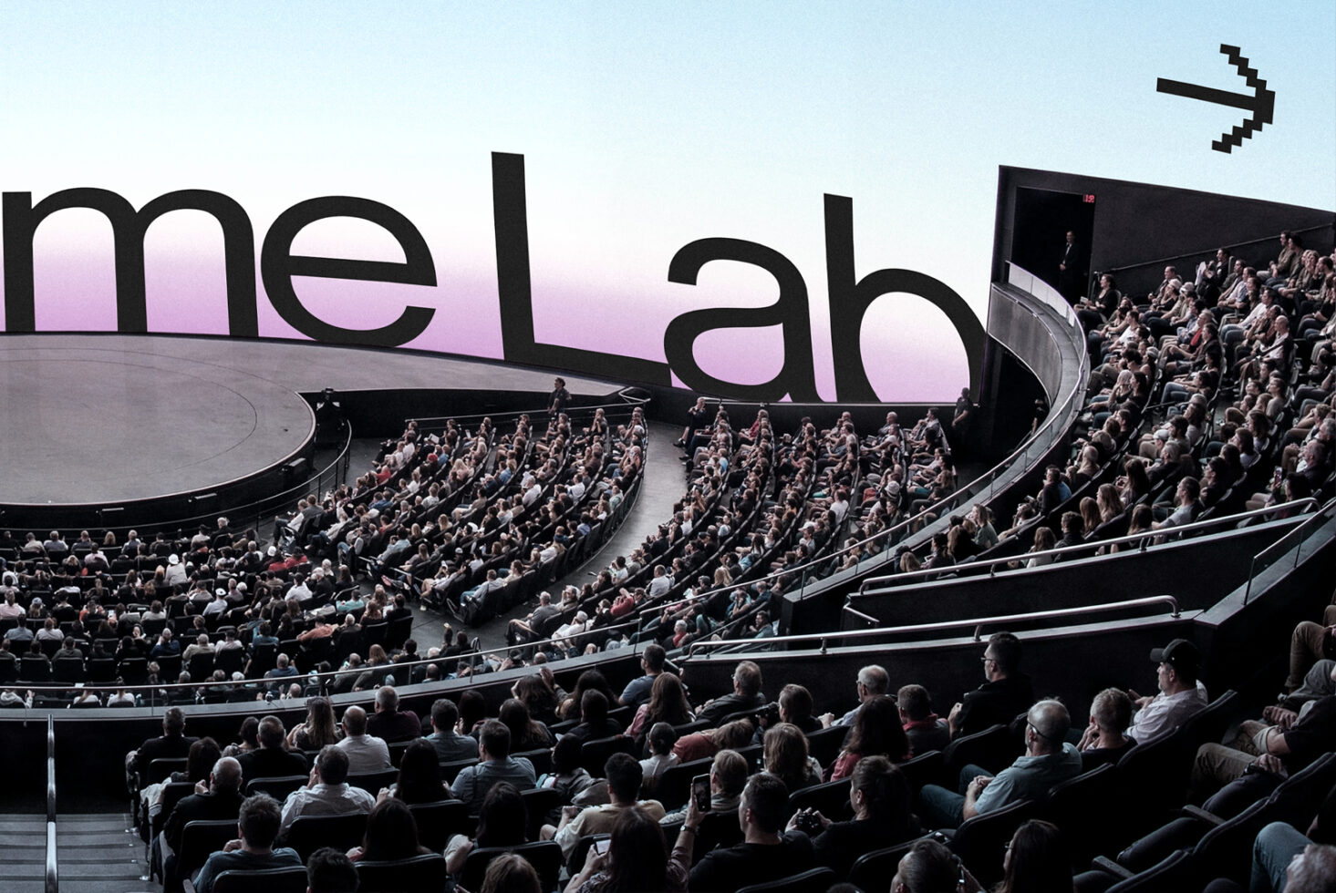 Massive stadium interior with crowds in curved seating, pink gradient sky, black 'melab' text overlay