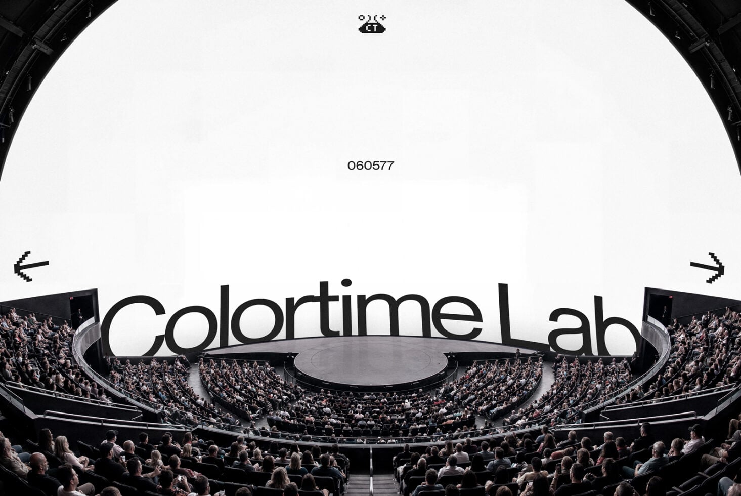 Minimalist Colortime Lab stadium mockup, pure white sky, clean neutral arena aesthetic
