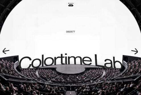 Minimalist Colortime Lab stadium mockup, pure white sky, clean neutral arena aesthetic