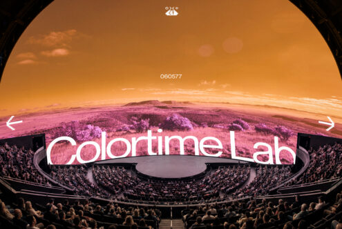 Colortime Lab arena with orange mars-like landscape, surreal alien planet displayed on screen