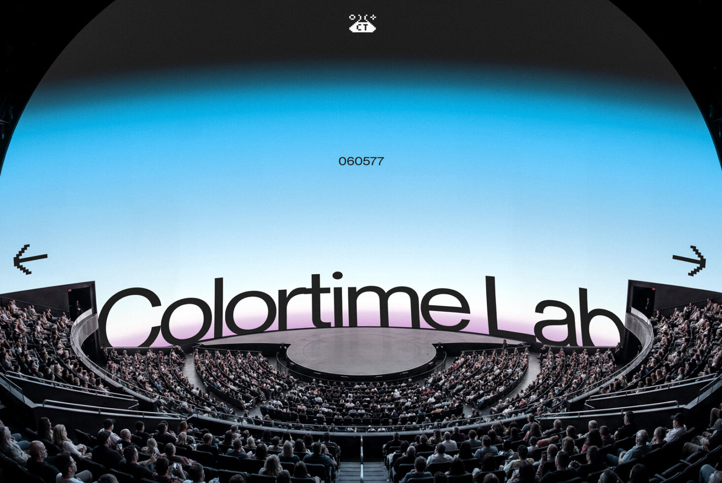 Colortime Lab arena mockup with blue sky backdrop, wide fisheye stadium view from crowd perspective
