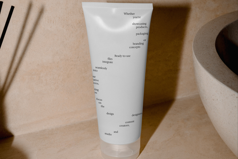 White cosmetics tube mockup with text overlay on neutral beige background with shadows