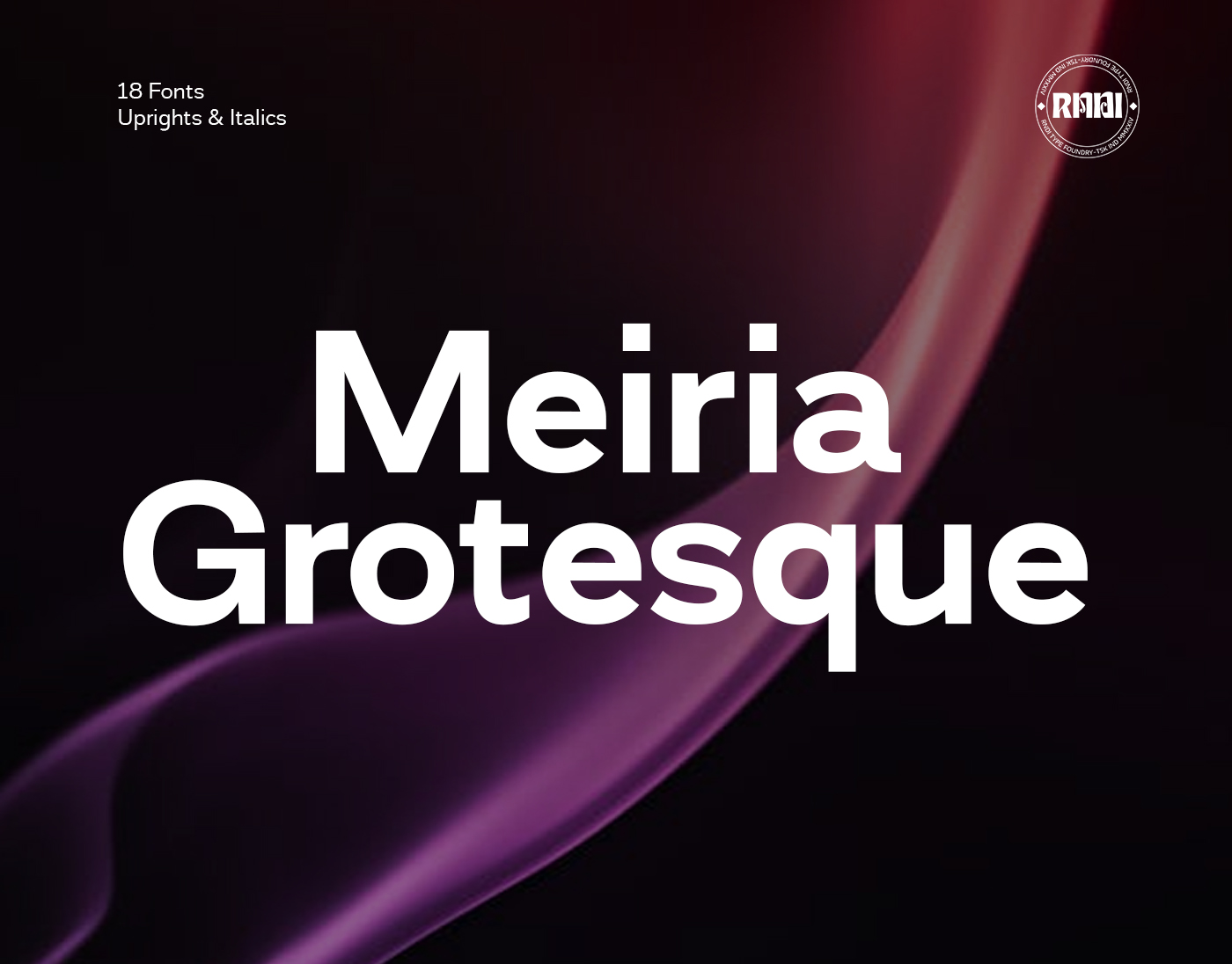 Meiria Grotesque font family with 18 weights shown on moody purple gradient background