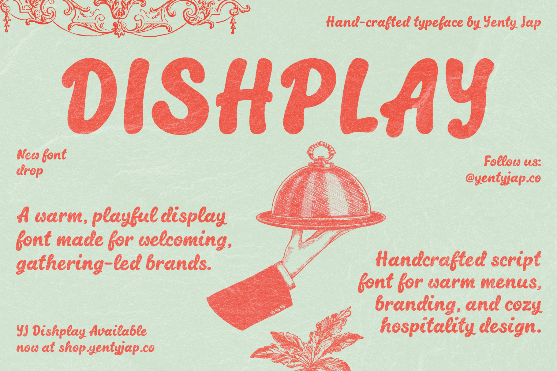 Dishplay font specimen with coral script typeface on mint background with ornamental details