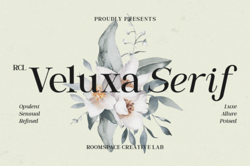Velluxa Serif font showcase with hand-drawn botanical florals, characteristic styles listed