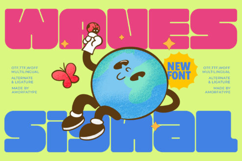 Retro cartoon character with giant globe head, pink flowers, yellow stars on lime green background