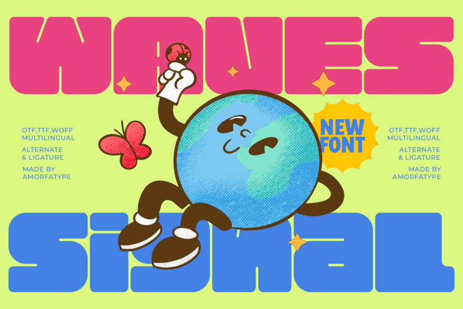 Retro cartoon character with giant globe head, pink flowers, yellow stars on lime green background