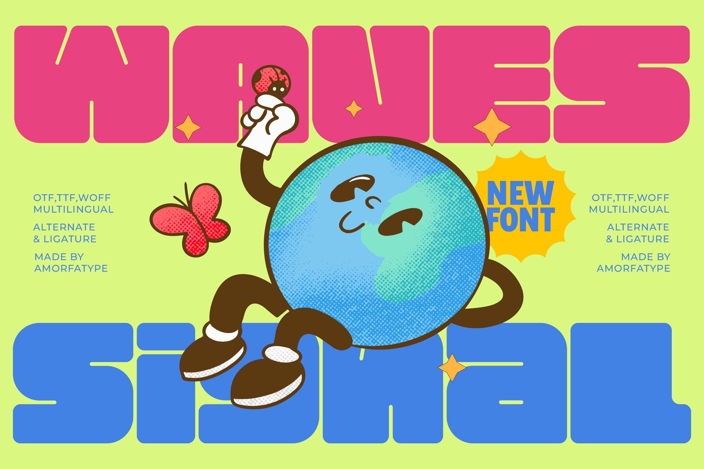 Retro cartoon character with giant globe head, pink flowers, yellow stars on lime green background