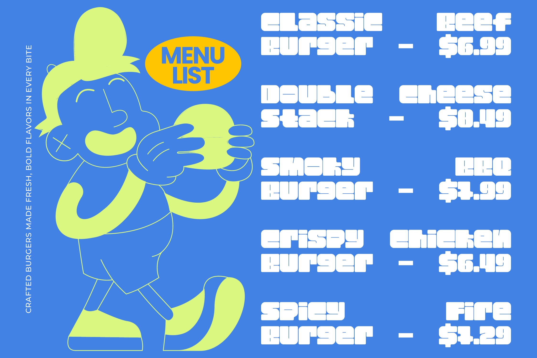 Retro burger joint menu mockup with neon yellow character holding giant patties