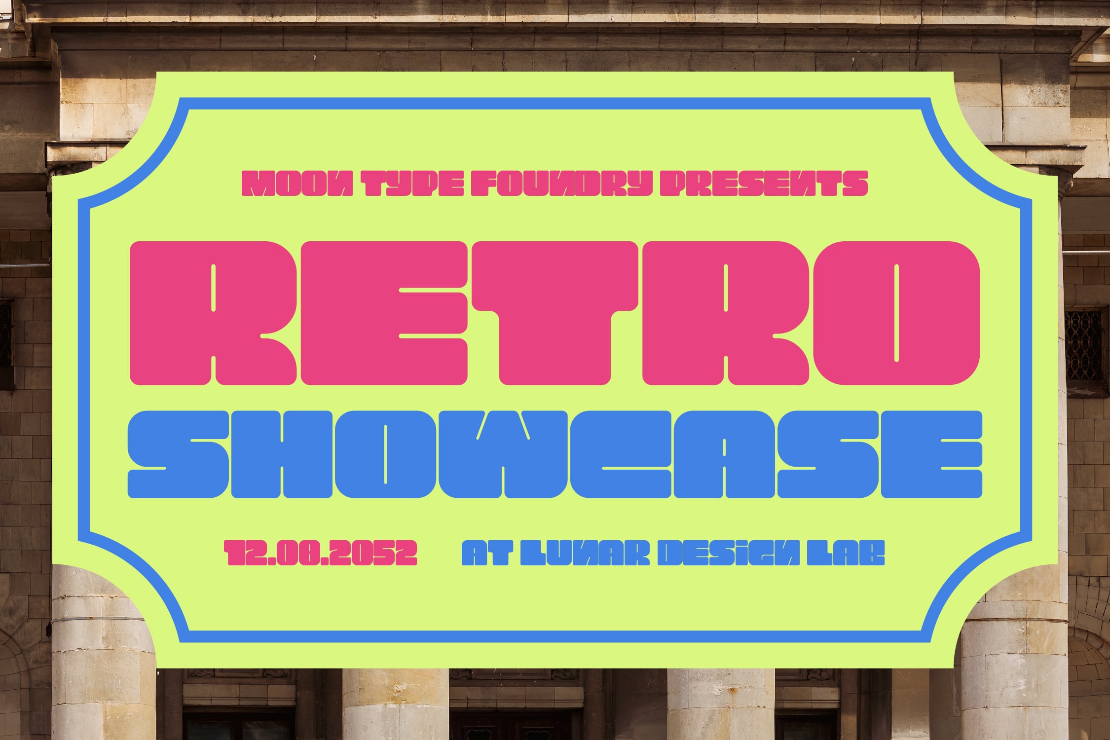 Retro poster mockup with neon lime green, hot pink, plus blue typography on brick wall