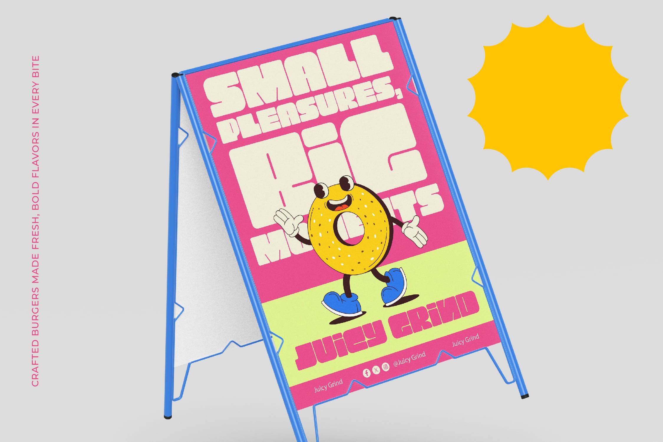 Retro A-frame sandwich board mockup with happy donut character in neon pink, lime, blue colors
