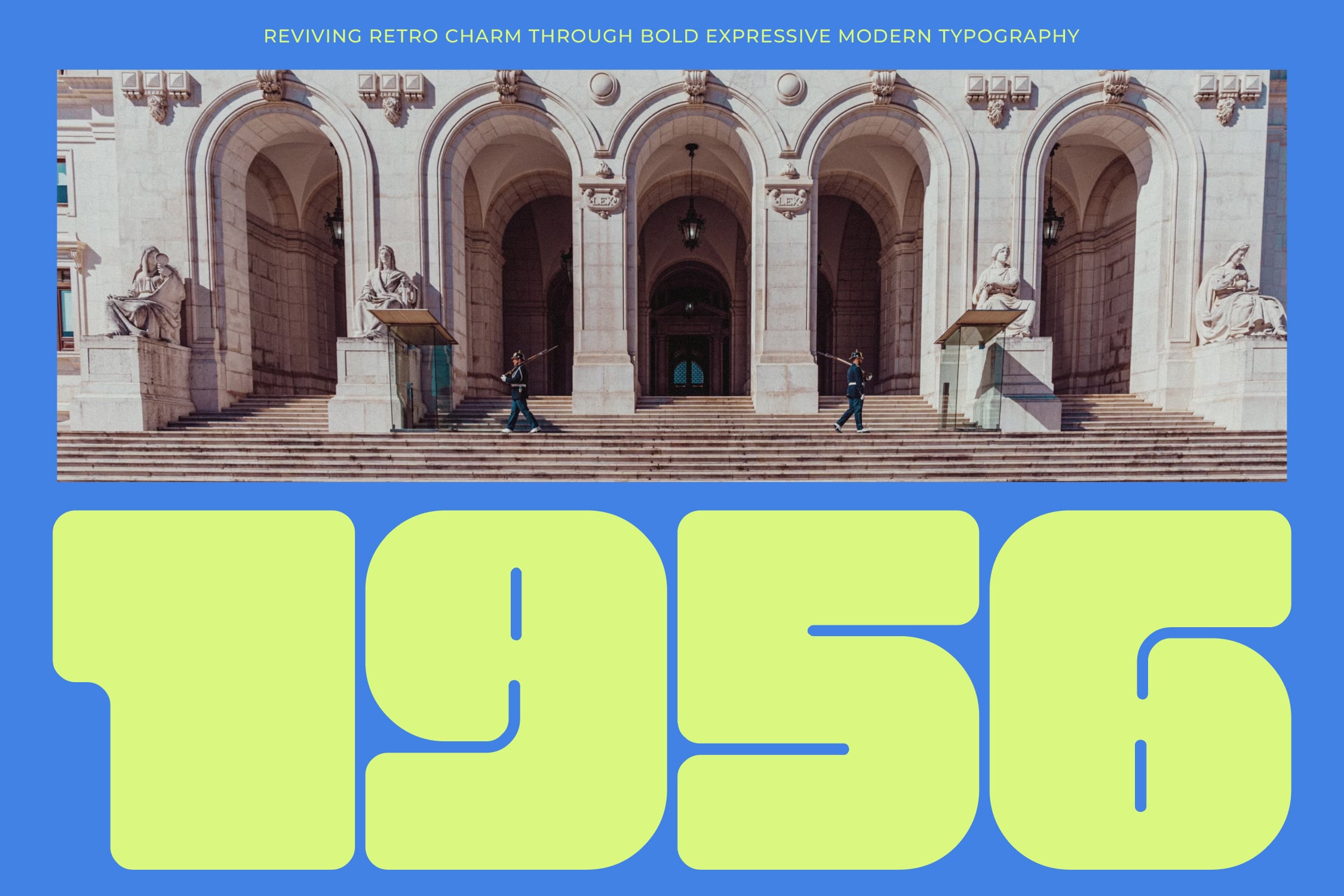 Neon yellow rounded sans serif numbers overlaid on classical architecture with blue background