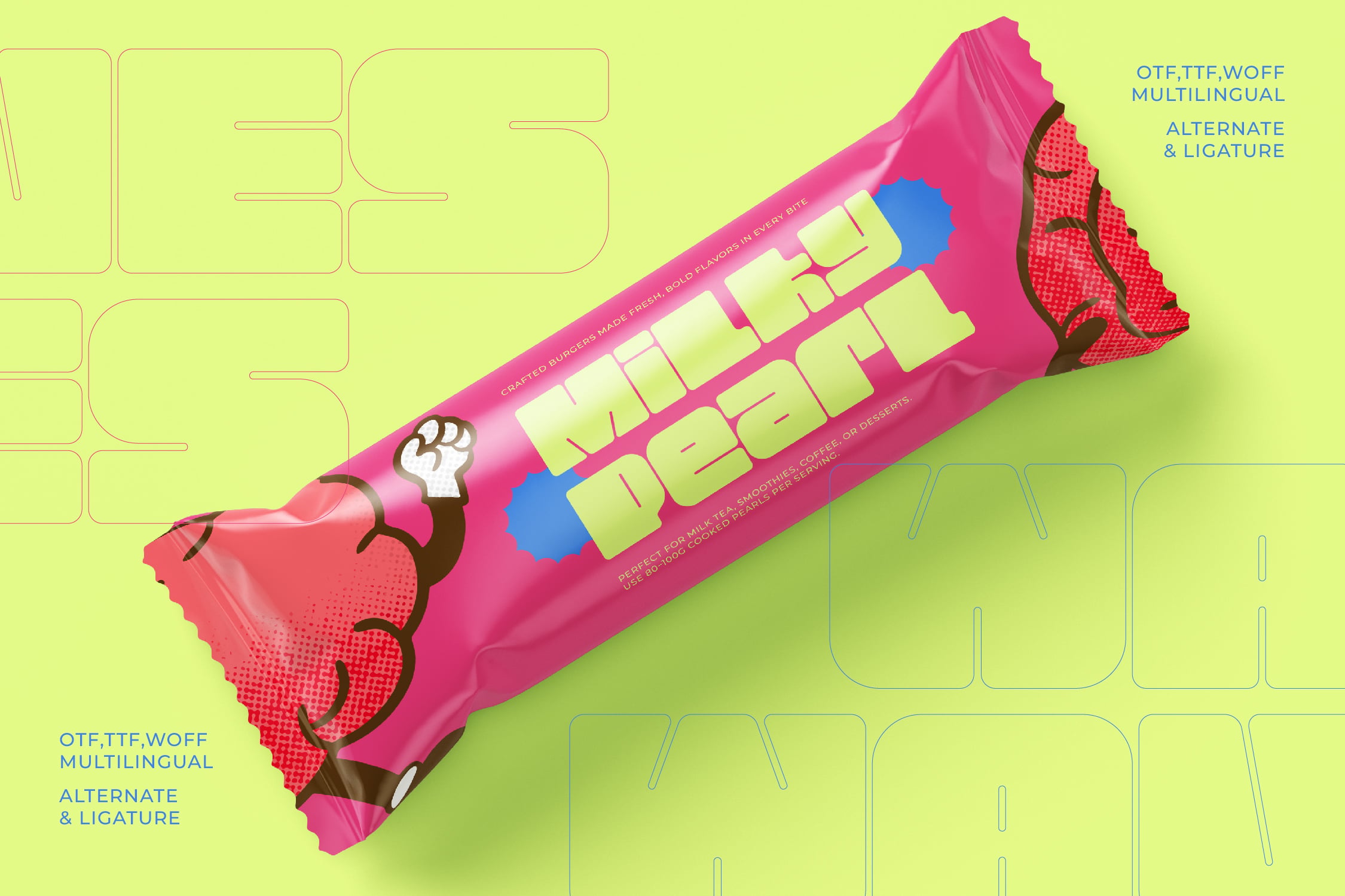 Bright pink snack bar wrapper mockup with illustrated strawberries, blue splashes, cream elements on lime yellow background