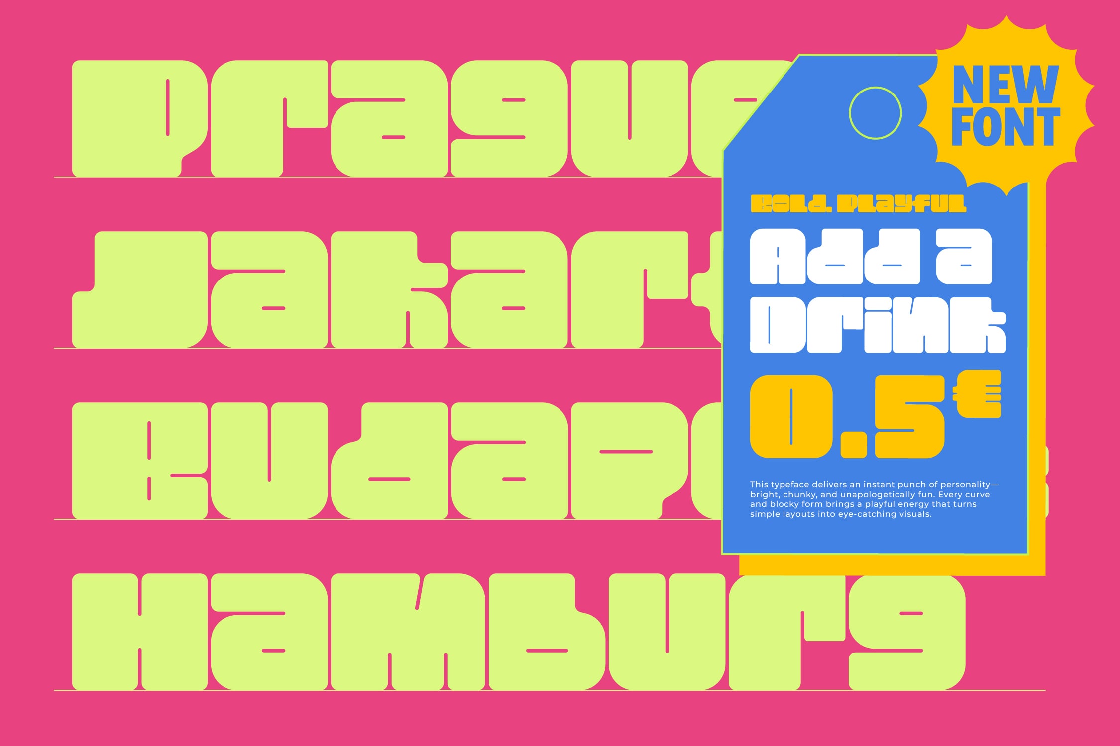 Neon yellow chunky display font with bright pink background plus product card mockup