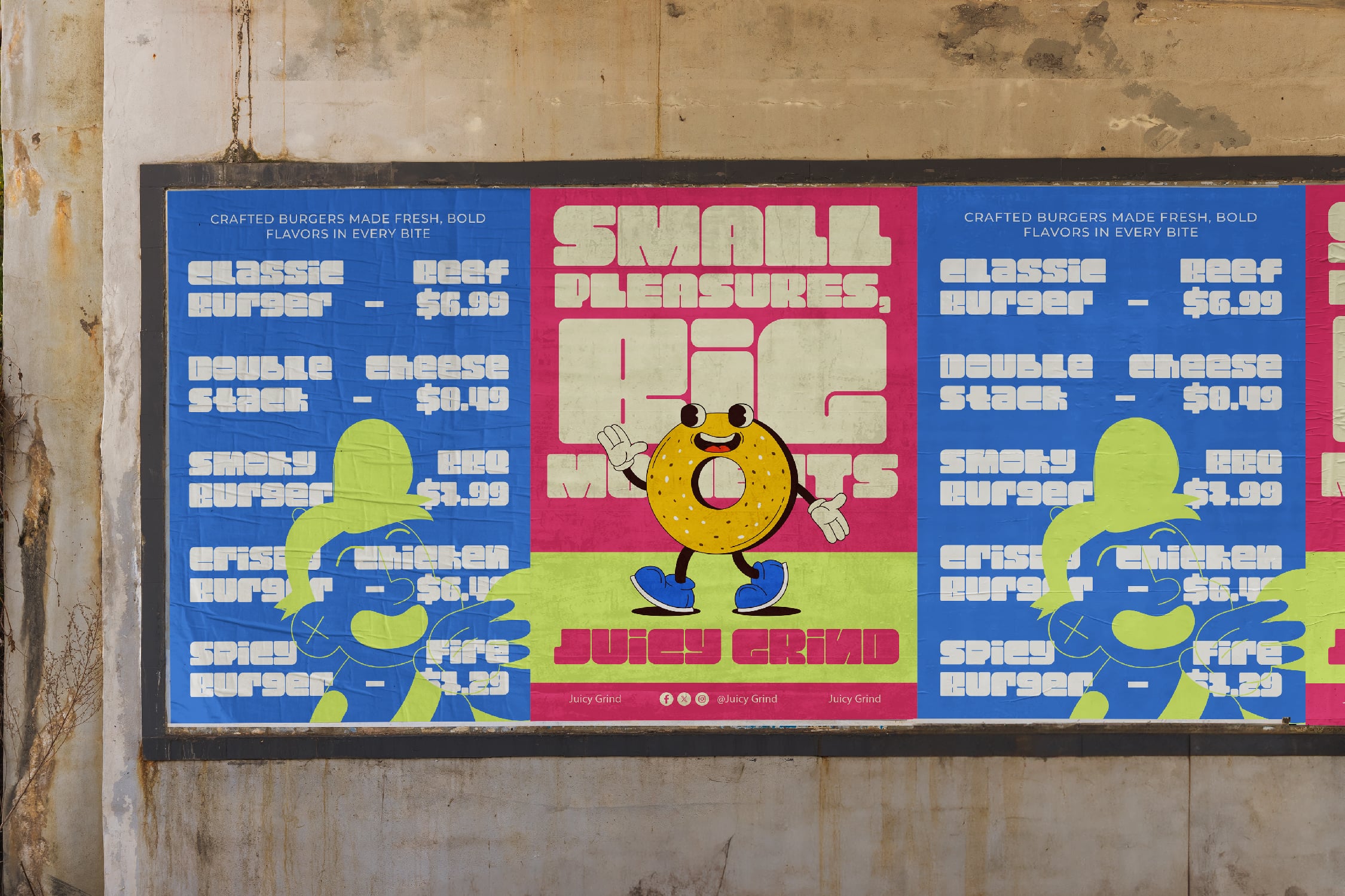 Retro burger joint menu board mockup with neon colors, cartoon donut mascot, prices listed on blue sections