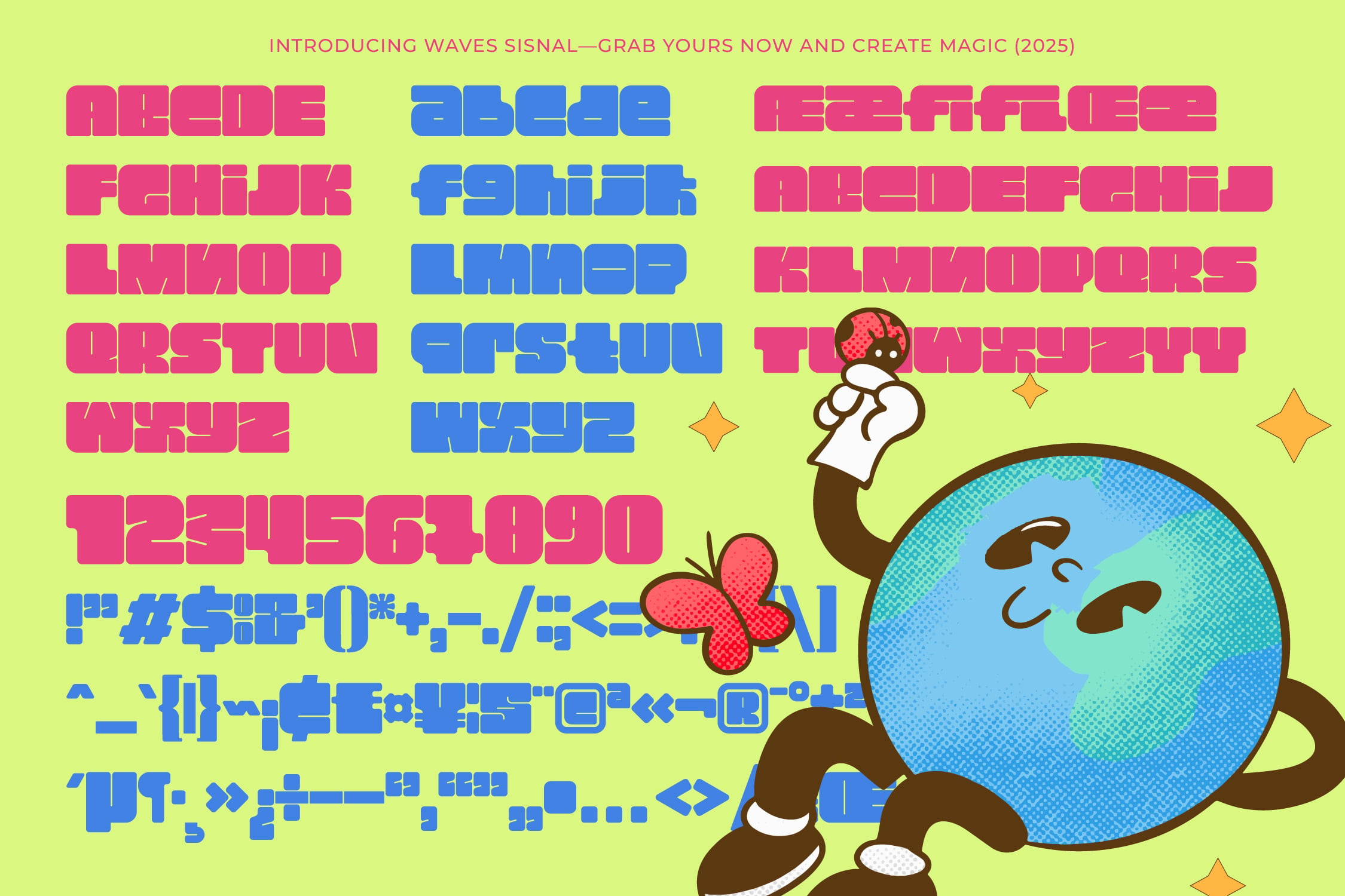 Waves Signal font family displayed in neon pink, blue, yellow on lime green with retro mascot character