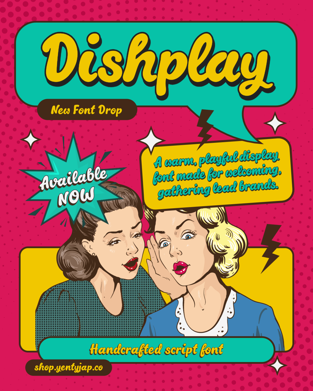 Retro pop art poster promoting Dishplay, a playful yellow script font with vintage vibes