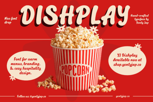 Dishplay font displayed on retro popcorn bucket mockup with cream lettering on bold red background