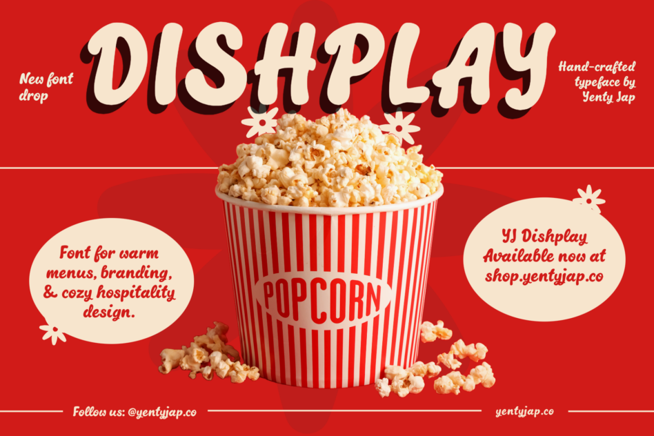 Dishplay font displayed on retro popcorn bucket mockup with cream lettering on bold red background