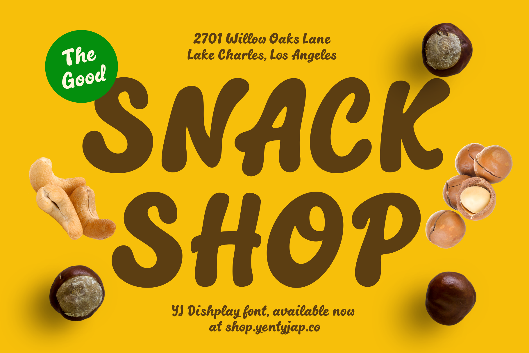 Retro snack shop poster with bold brown typography, green logo badge, scattered nuts, candy on bright yellow background