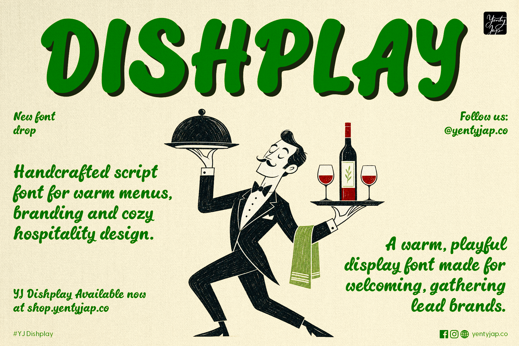Vintage waiter carrying wine on cream background with bold green display font type sample