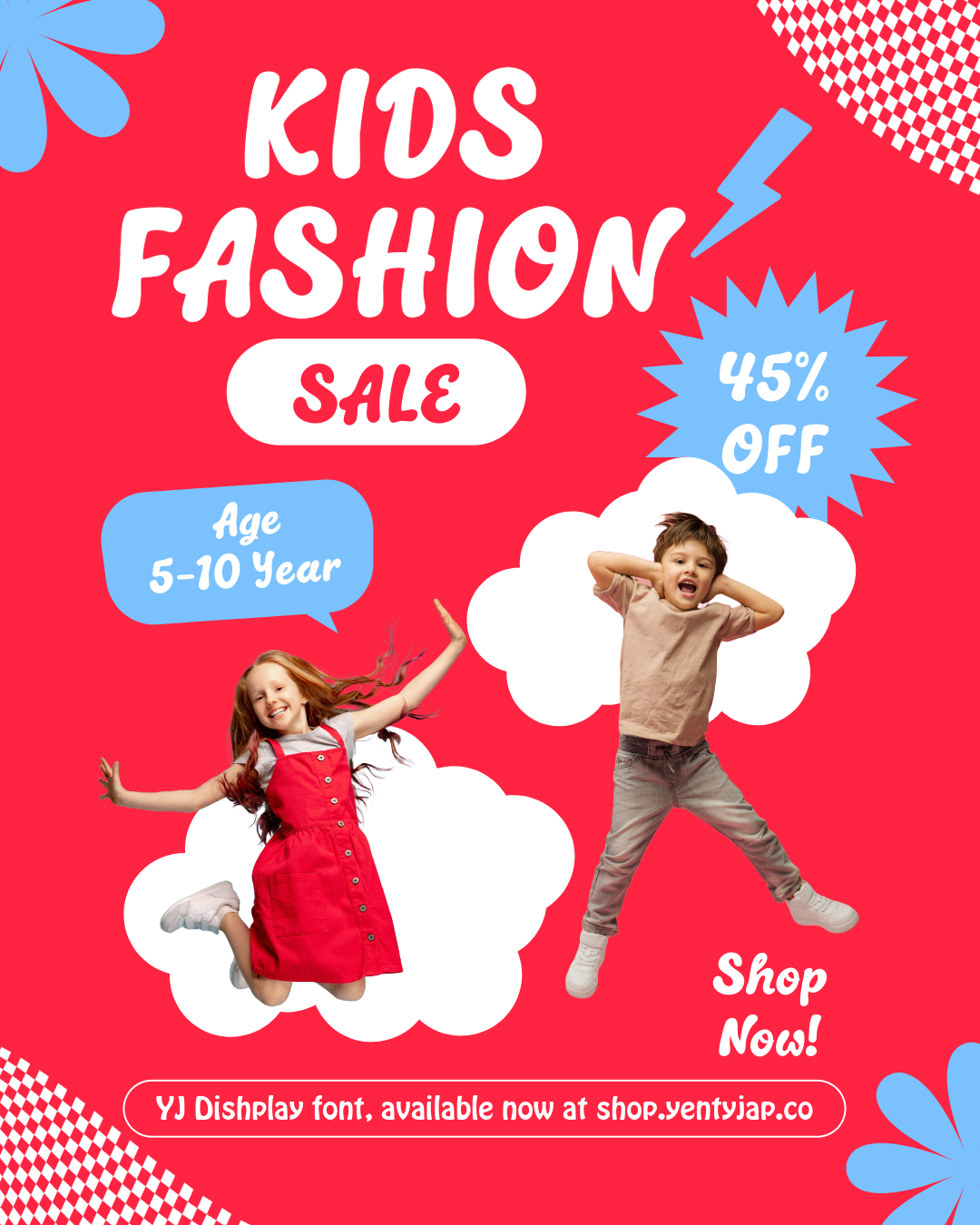 Bright red kids fashion sale poster with two jumping children in white cloud frames, 45% off badge, blue geometric shapes, playful typography