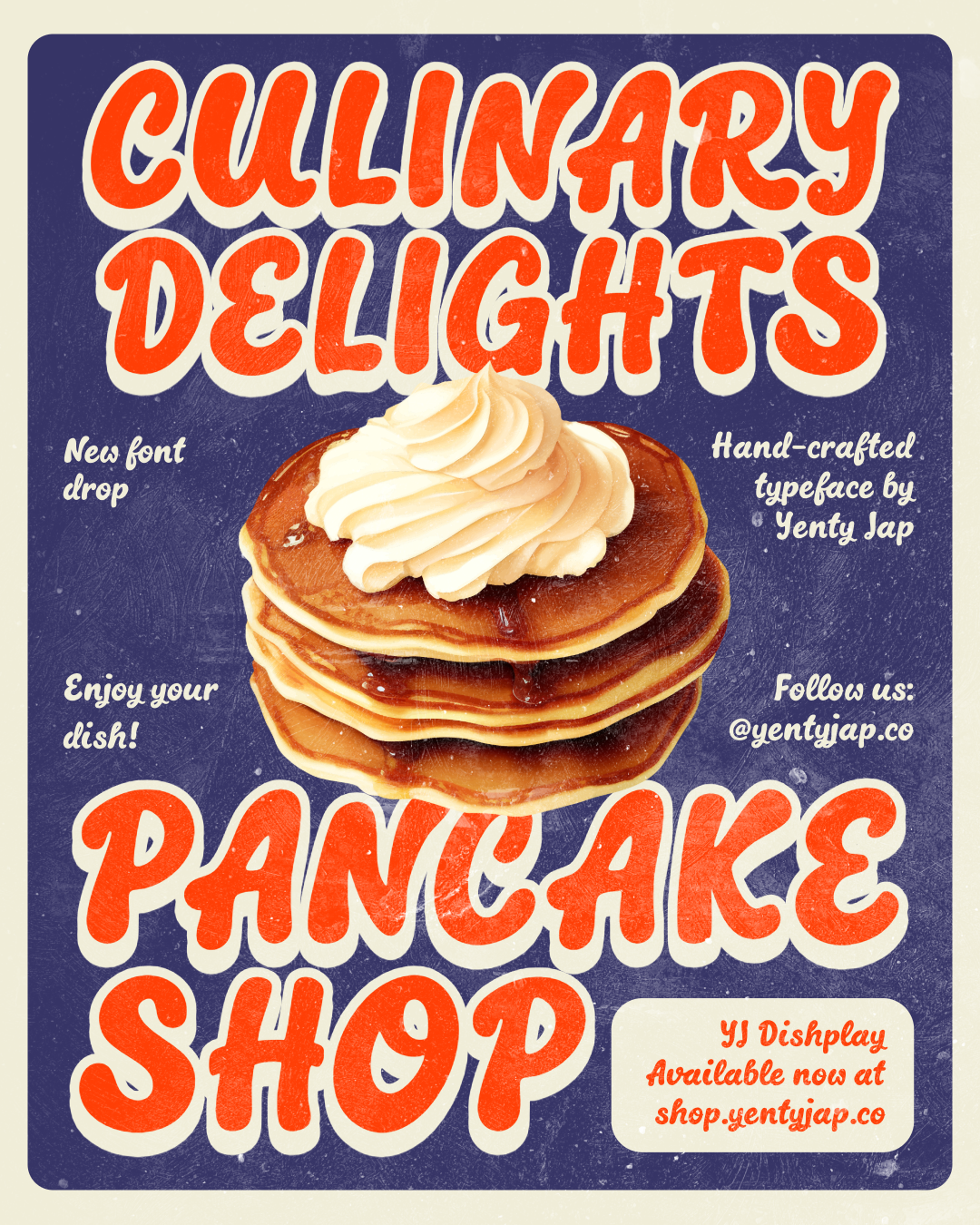 Retro pancake shop poster with bold red lettering, whipped cream topped stack, navy background