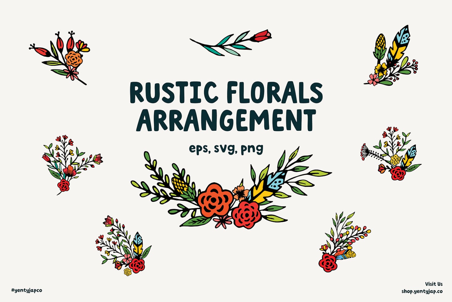 Rustic Florals Arrangement title with 8 colorful bouquet designs surrounding it, EPS SVG PNG