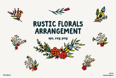 Rustic Florals Arrangement title with 8 colorful bouquet designs surrounding it, EPS SVG PNG