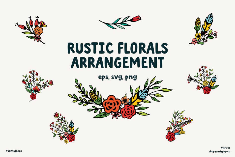 Rustic Florals Arrangement title with 8 colorful bouquet designs surrounding it, EPS SVG PNG