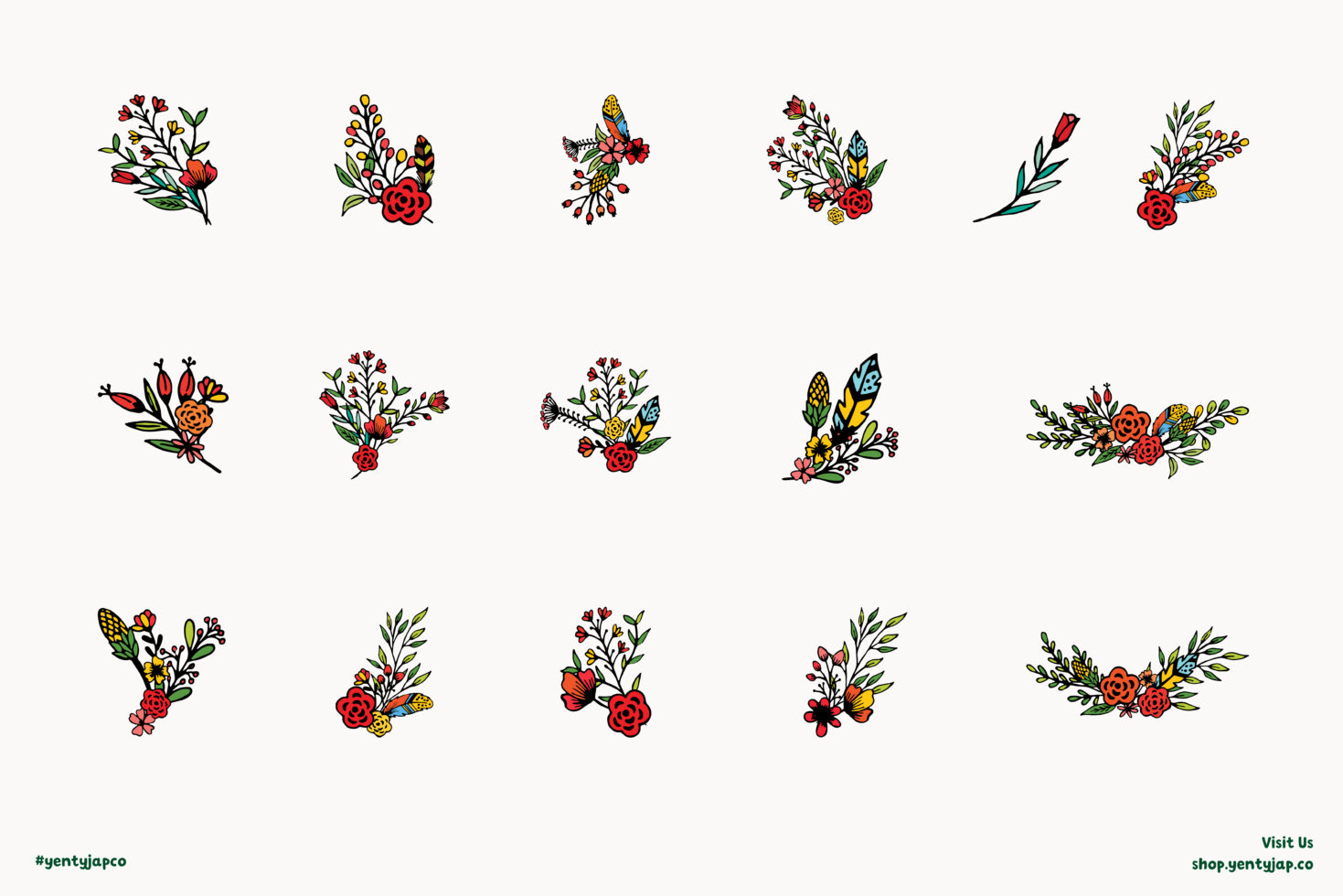Grid of 15 hand-drawn floral bouquets with red roses, butterflies, feathers mixed in