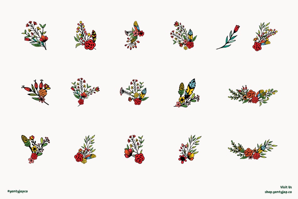 Grid of 15 hand-drawn floral bouquets with red roses, butterflies, feathers mixed in