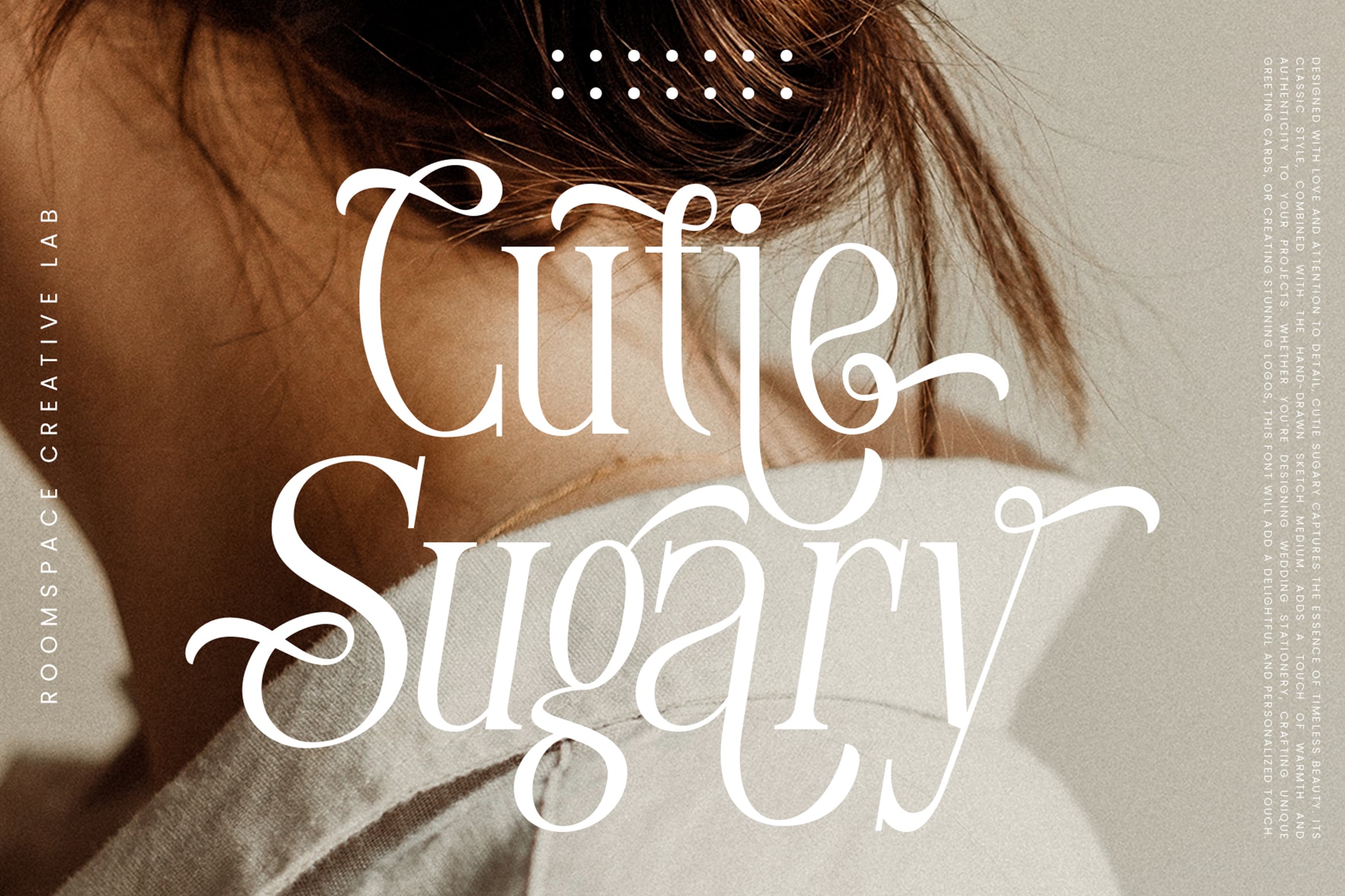 Cutie Sugary serif font overlay on portrait of woman with brunette hair