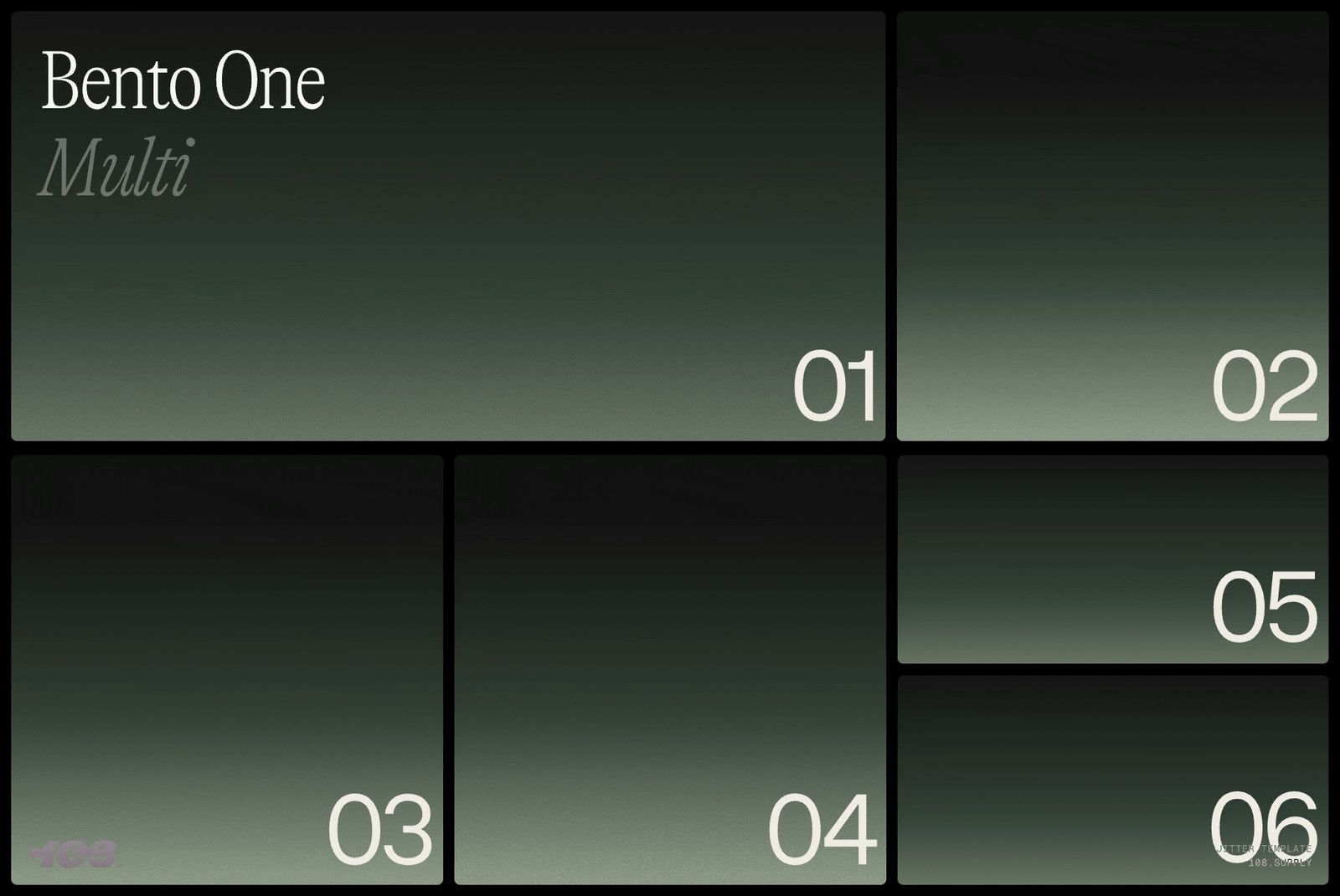 Grid layout template with six sections labeled 01 to 06. Minimalist dark gradient background, perfect for designers creating portfolios or presentations.