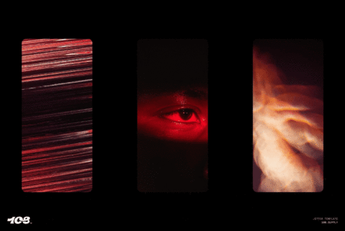Three abstract red and orange panels; left with lines, center with an eye, right with smoke effect. Perfect for digital assets, graphic design, templates.