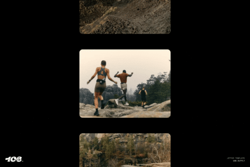 Animated graphic template featuring runners on rocky terrain framed by wilderness ideal for sports design projects digital assets templates for designers
